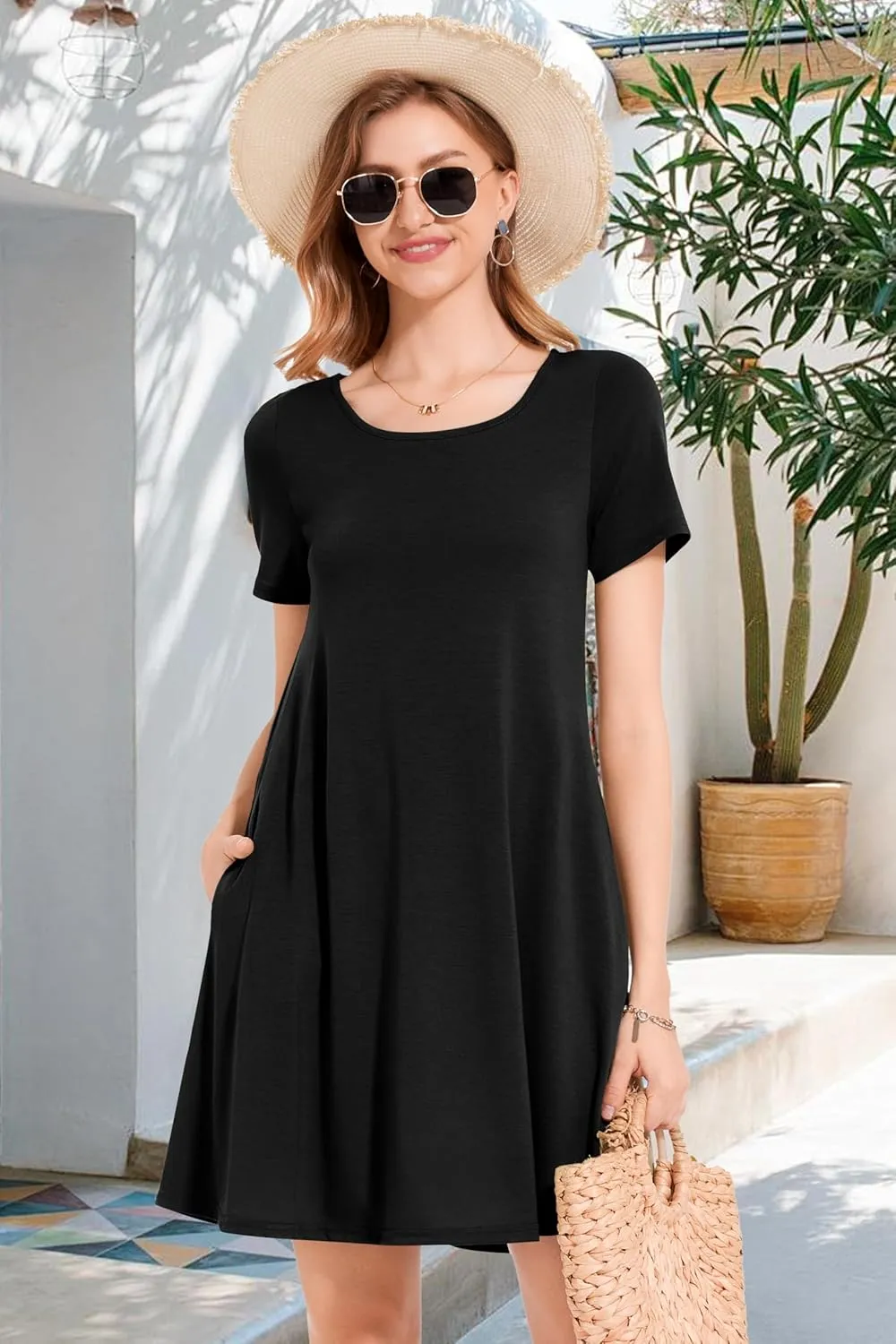 Summer Dresses for Women Casual Short Sleeve Sundress Scoop Neck Beach T Shirt Dress with Pockets