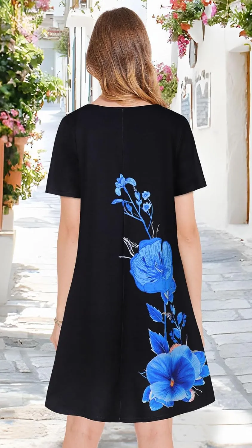 Summer Dresses for Women Casual Short Sleeve Sundress Scoop Neck Beach T Shirt Dress with Pockets