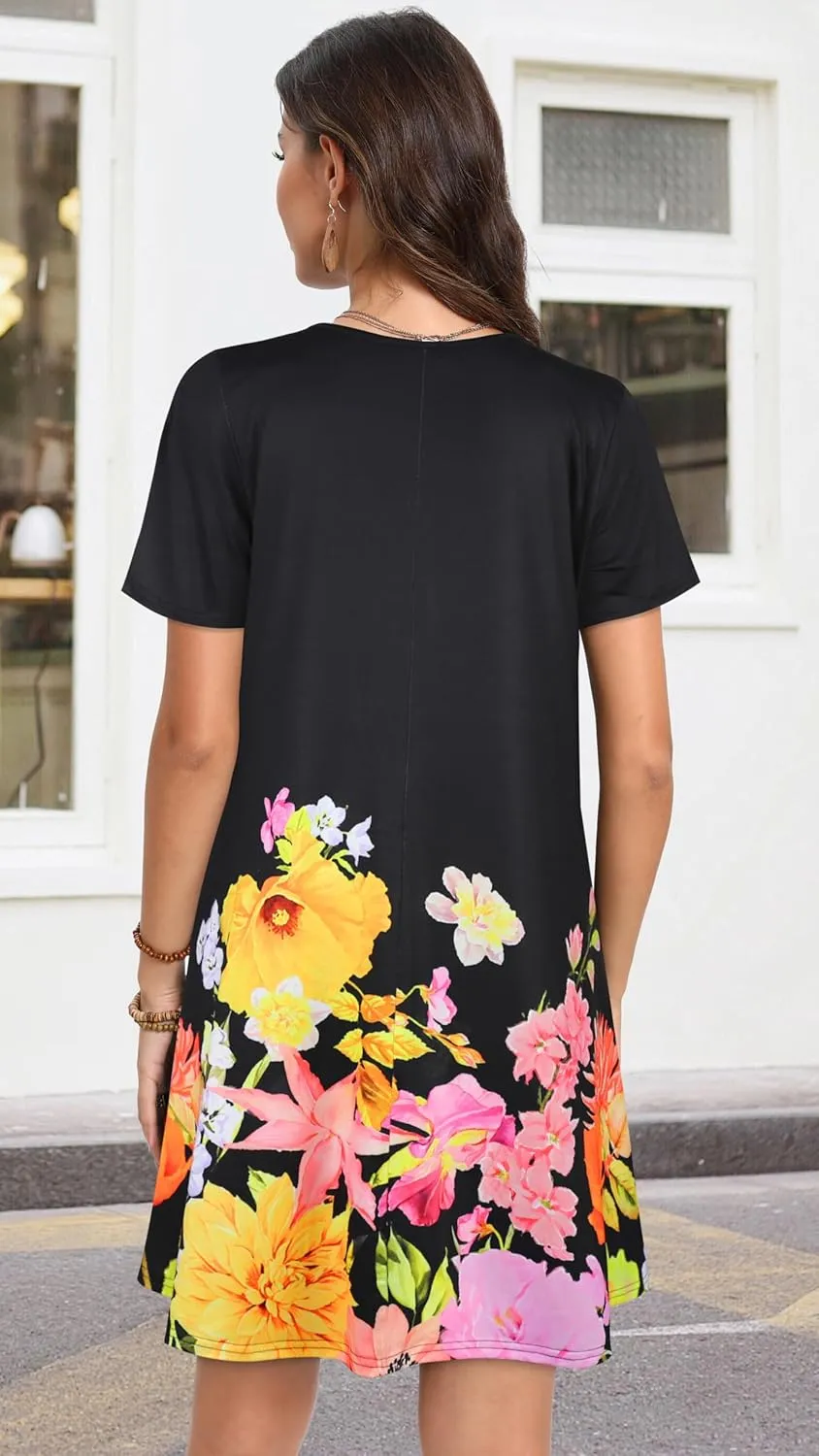 Summer Dresses for Women Casual Short Sleeve Sundress Scoop Neck Beach T Shirt Dress with Pockets