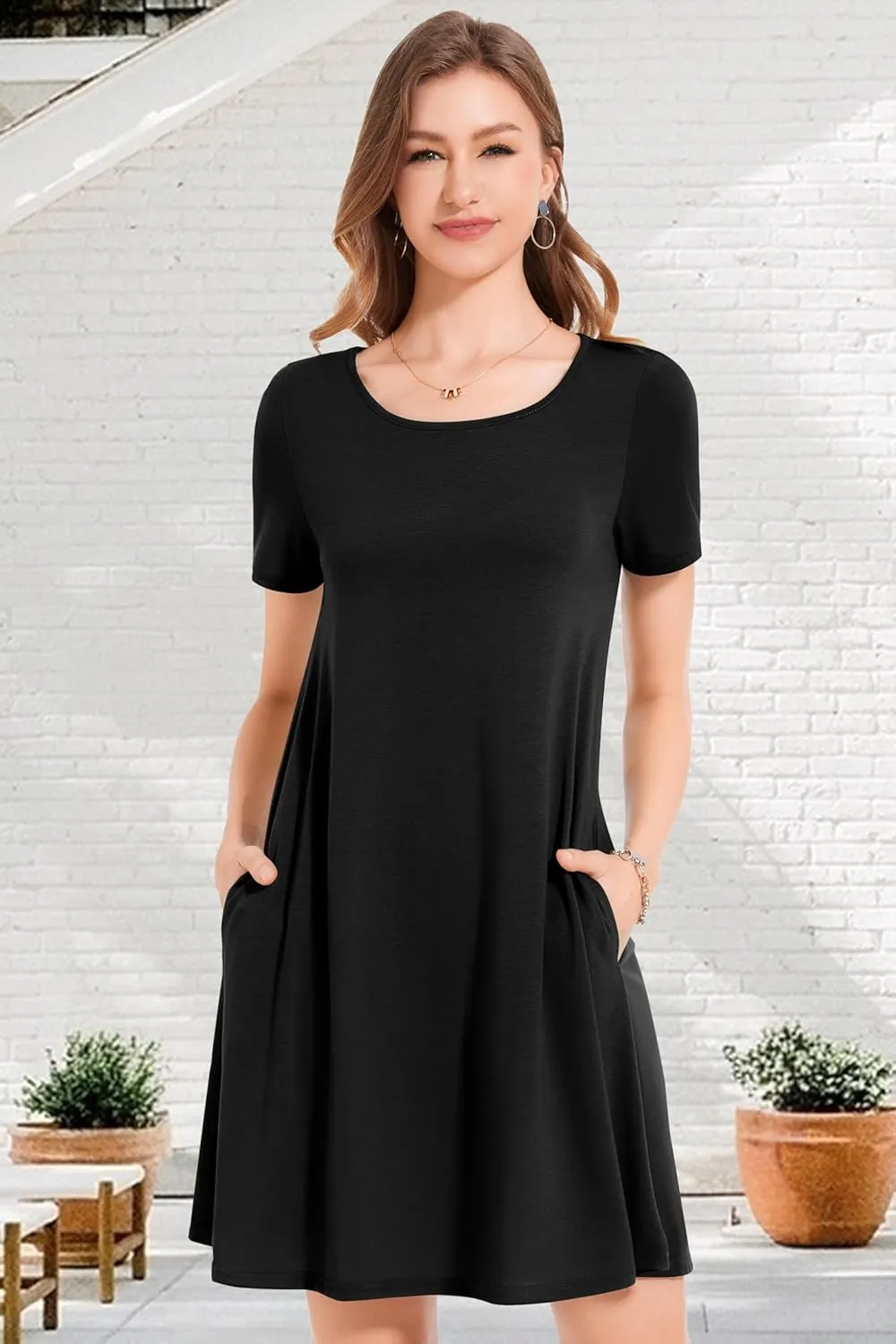 Summer Dresses for Women Casual Short Sleeve Sundress Scoop Neck Beach T Shirt Dress with Pockets
