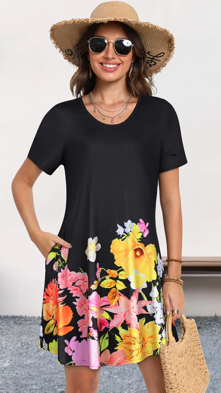 Summer Dresses for Women Casual Short Sleeve Sundress Scoop Neck Beach T Shirt Dress with Pockets