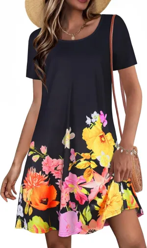 Summer Dresses for Women Casual Short Sleeve Sundress Scoop Neck Beach T Shirt Dress with Pockets