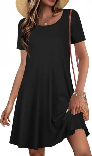 Summer Dresses for Women Casual Short Sleeve Sundress Scoop Neck Beach T Shirt Dress with Pockets