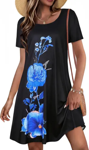 Summer Dresses for Women Casual Short Sleeve Sundress Scoop Neck Beach T Shirt Dress with Pockets