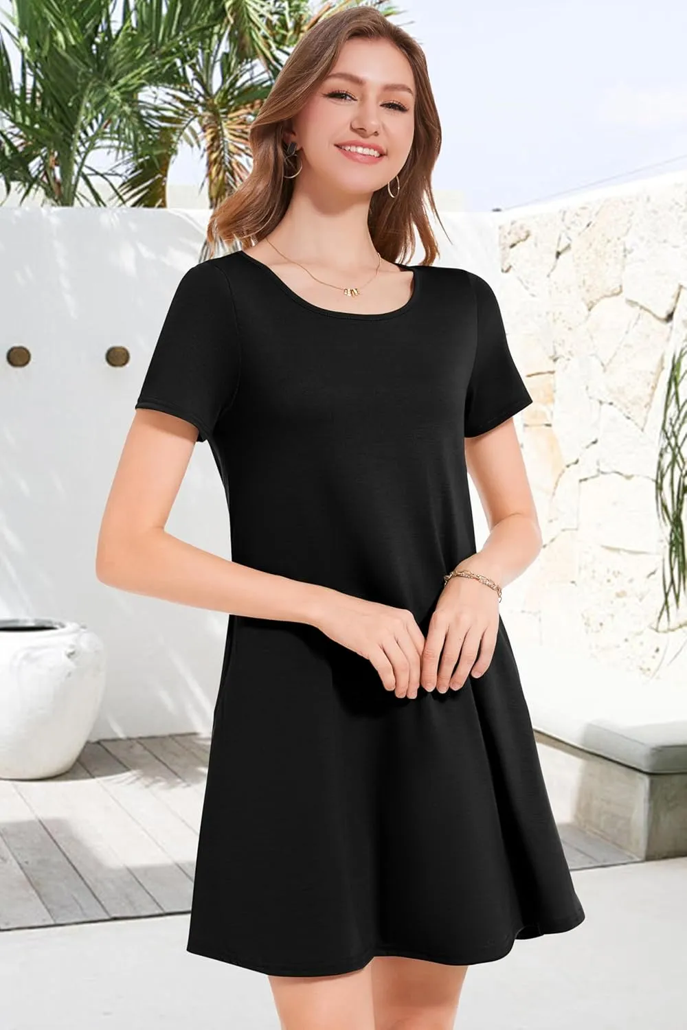 Summer Dresses for Women Casual Short Sleeve Sundress Scoop Neck Beach T Shirt Dress with Pockets