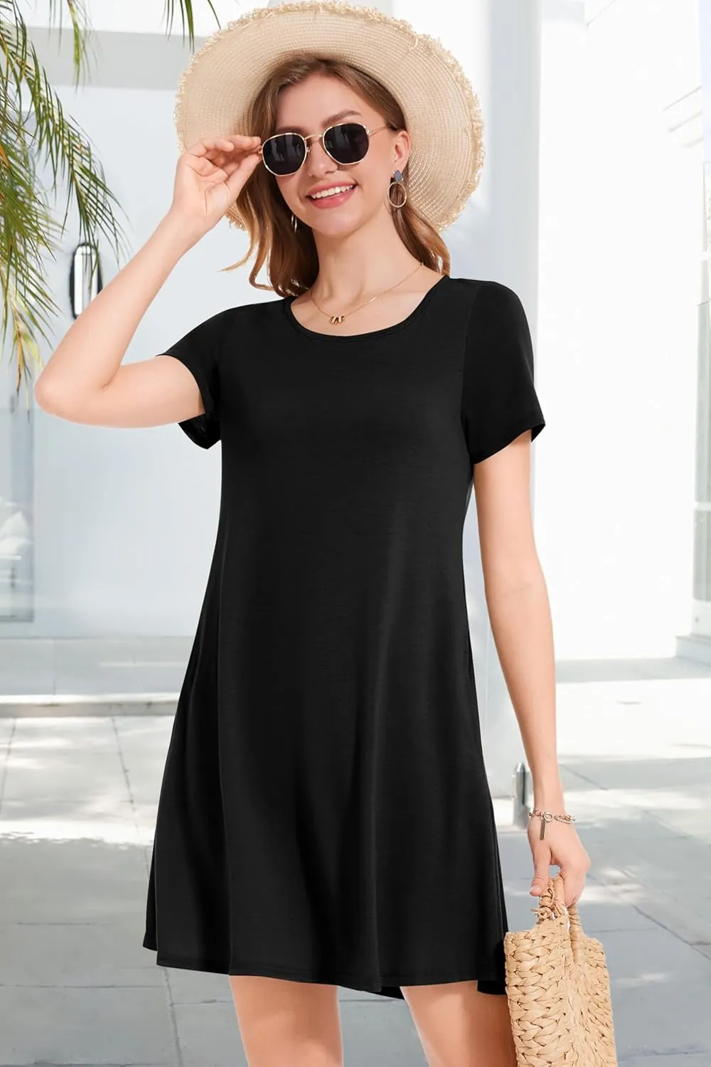 Summer Dresses for Women Casual Short Sleeve Sundress Scoop Neck Beach T Shirt Dress with Pockets