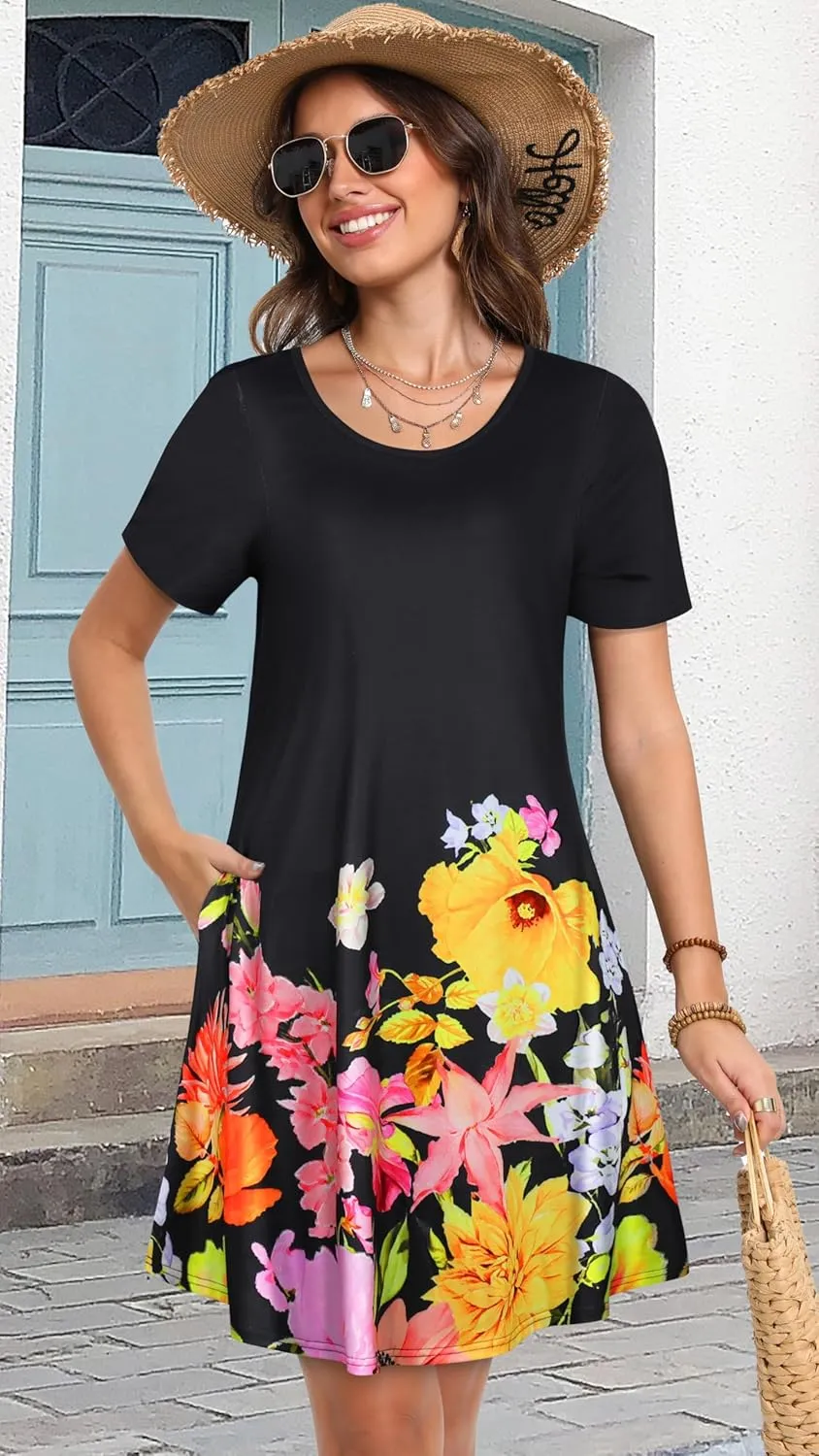 Summer Dresses for Women Casual Short Sleeve Sundress Scoop Neck Beach T Shirt Dress with Pockets
