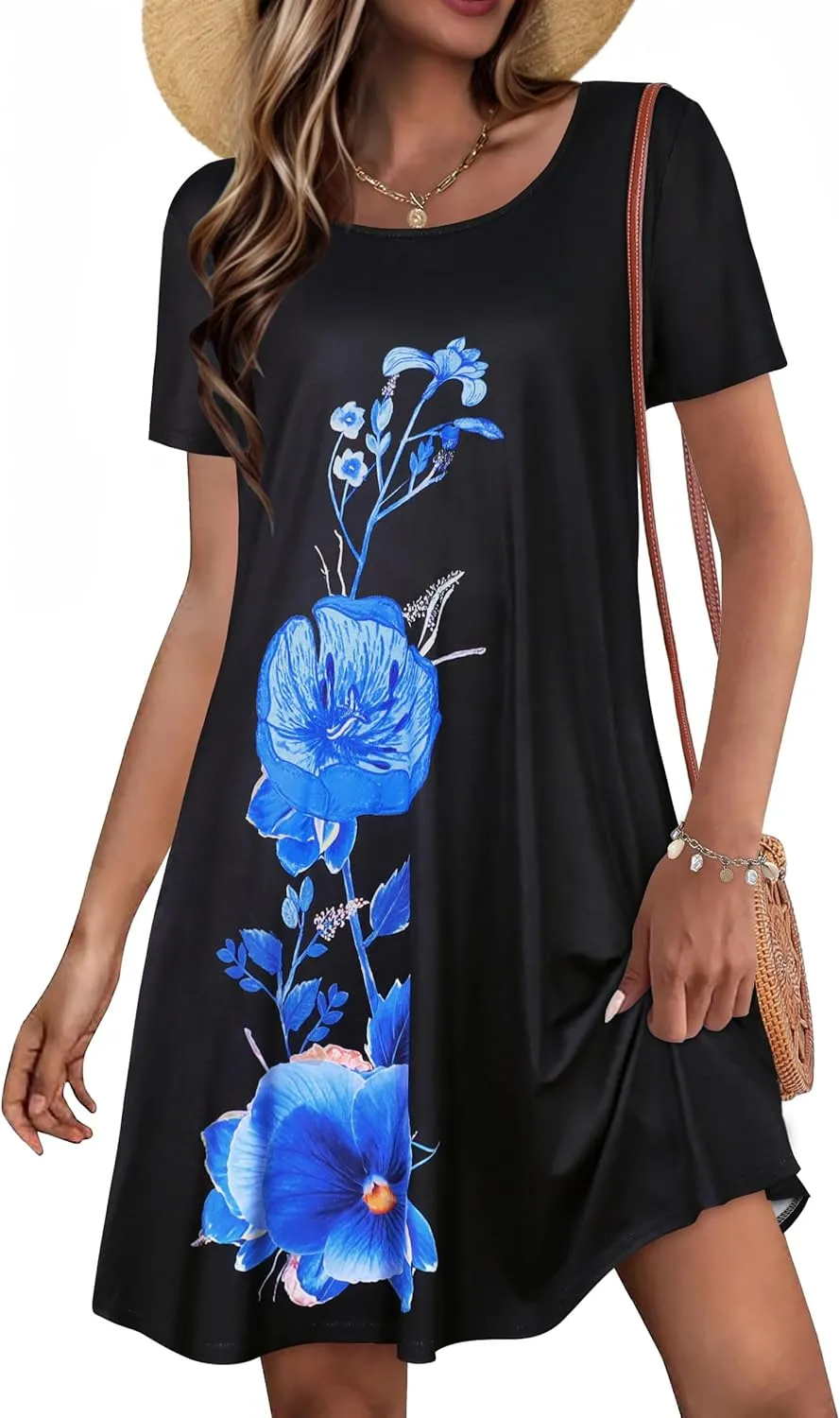 Summer Dresses for Women Casual Short Sleeve Sundress Scoop Neck Beach T Shirt Dress with Pockets