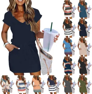 Summer Dresses for Women Short Sleeve Loose Tshirt Dress V-Neck Comfy Casual Sundresses with Pockets