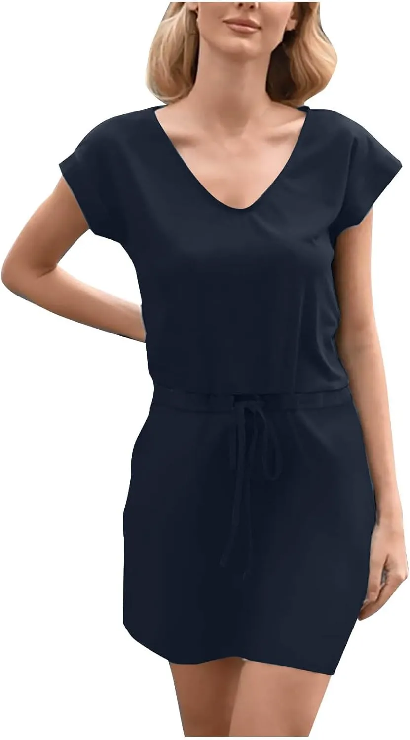 Summer Dresses for Women Short Sleeve Loose Tshirt Dress V-Neck Comfy Casual Sundresses with Pockets