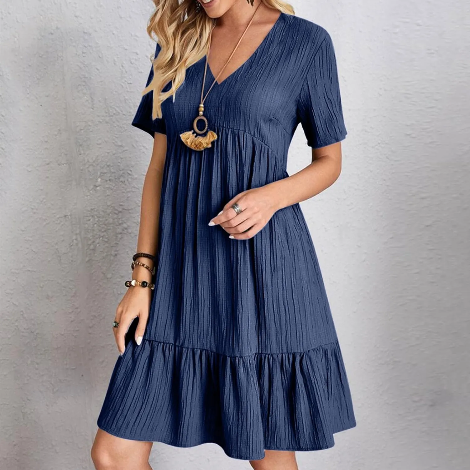 Summer Dresses for Women Short Sleeve V Neck Vacation T Shirt Dress Ruffle Pleated Flowy Beach Sundresses