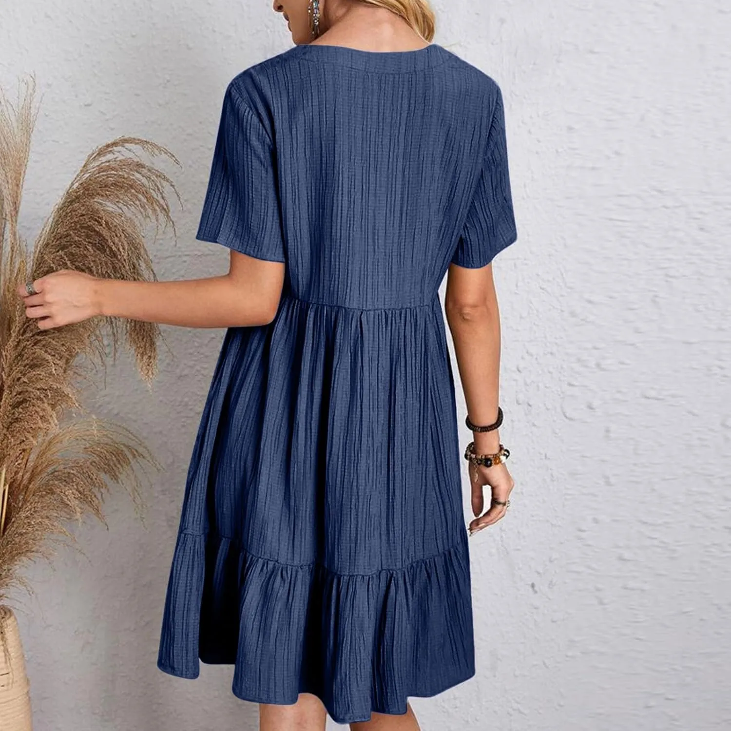 Summer Dresses for Women Short Sleeve V Neck Vacation T Shirt Dress Ruffle Pleated Flowy Beach Sundresses