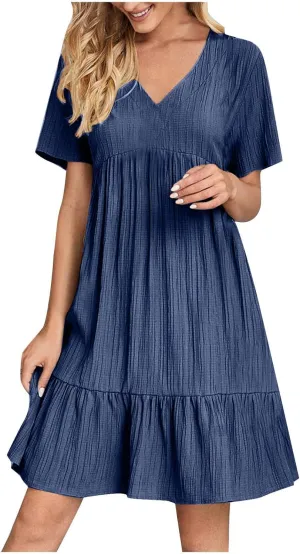 Summer Dresses for Women Short Sleeve V Neck Vacation T Shirt Dress Ruffle Pleated Flowy Beach Sundresses