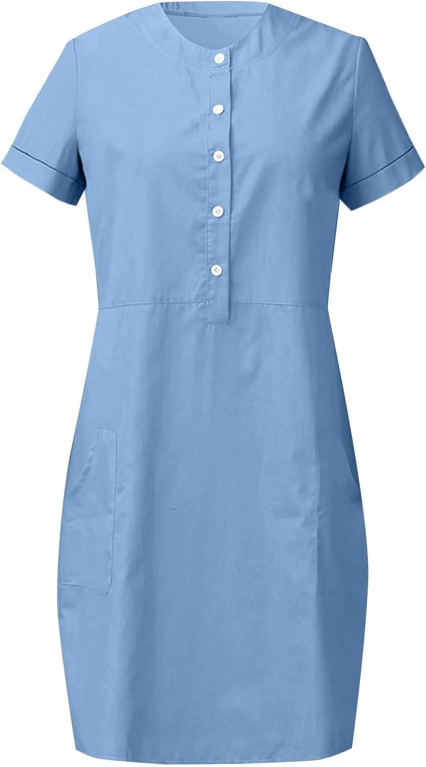 Summer Linen Mini Dress for Women Short Sleeve Shirt Dresses Button Crewneck Beach Vacation Sundress with Pockets