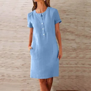Summer Linen Mini Dress for Women Short Sleeve Shirt Dresses Button Crewneck Beach Vacation Sundress with Pockets