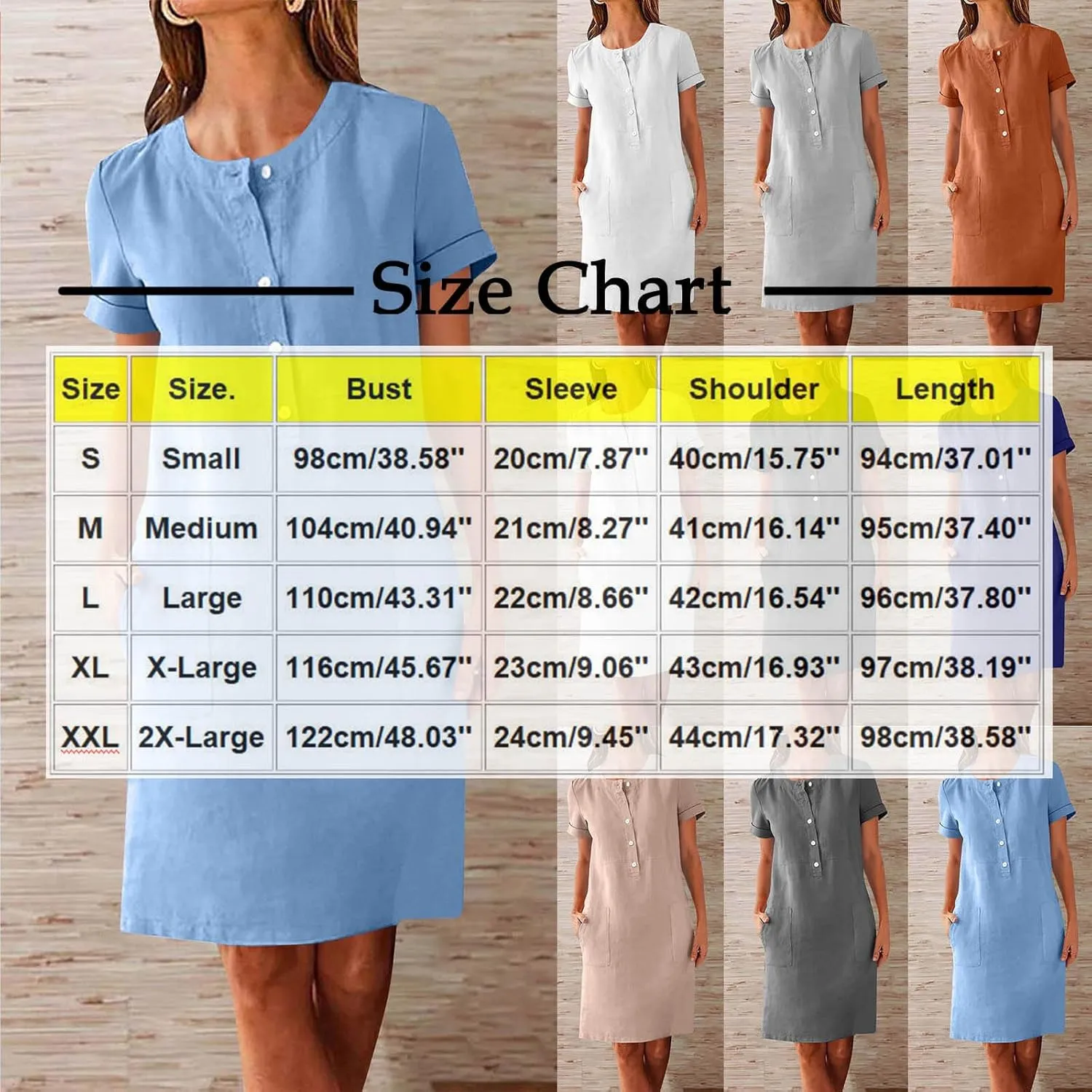 Summer Linen Mini Dress for Women Short Sleeve Shirt Dresses Button Crewneck Beach Vacation Sundress with Pockets