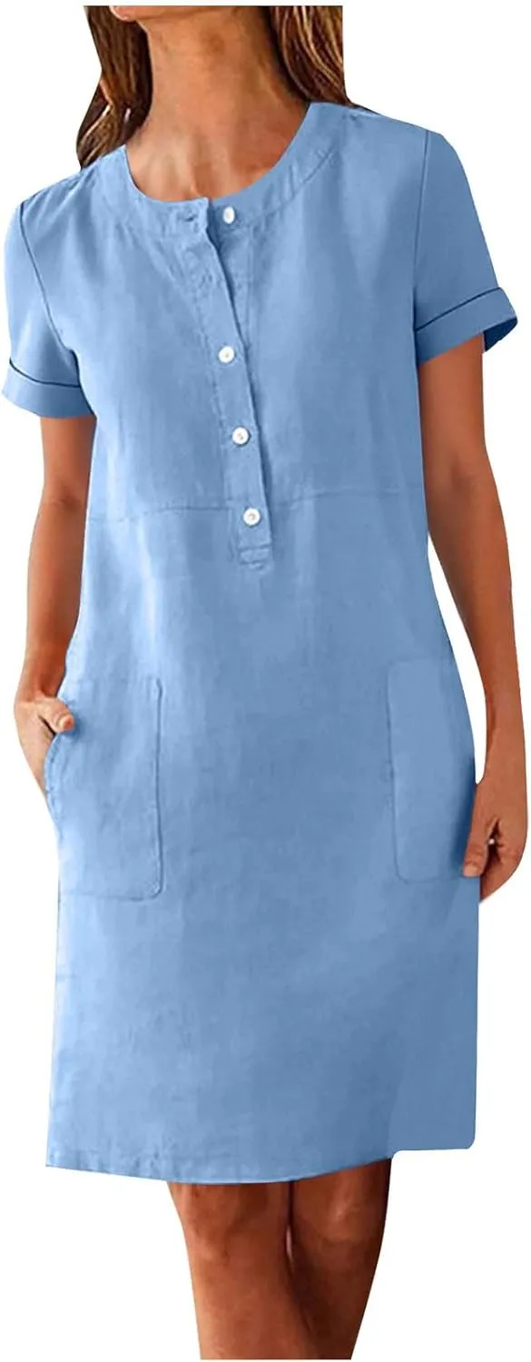 Summer Linen Mini Dress for Women Short Sleeve Shirt Dresses Button Crewneck Beach Vacation Sundress with Pockets