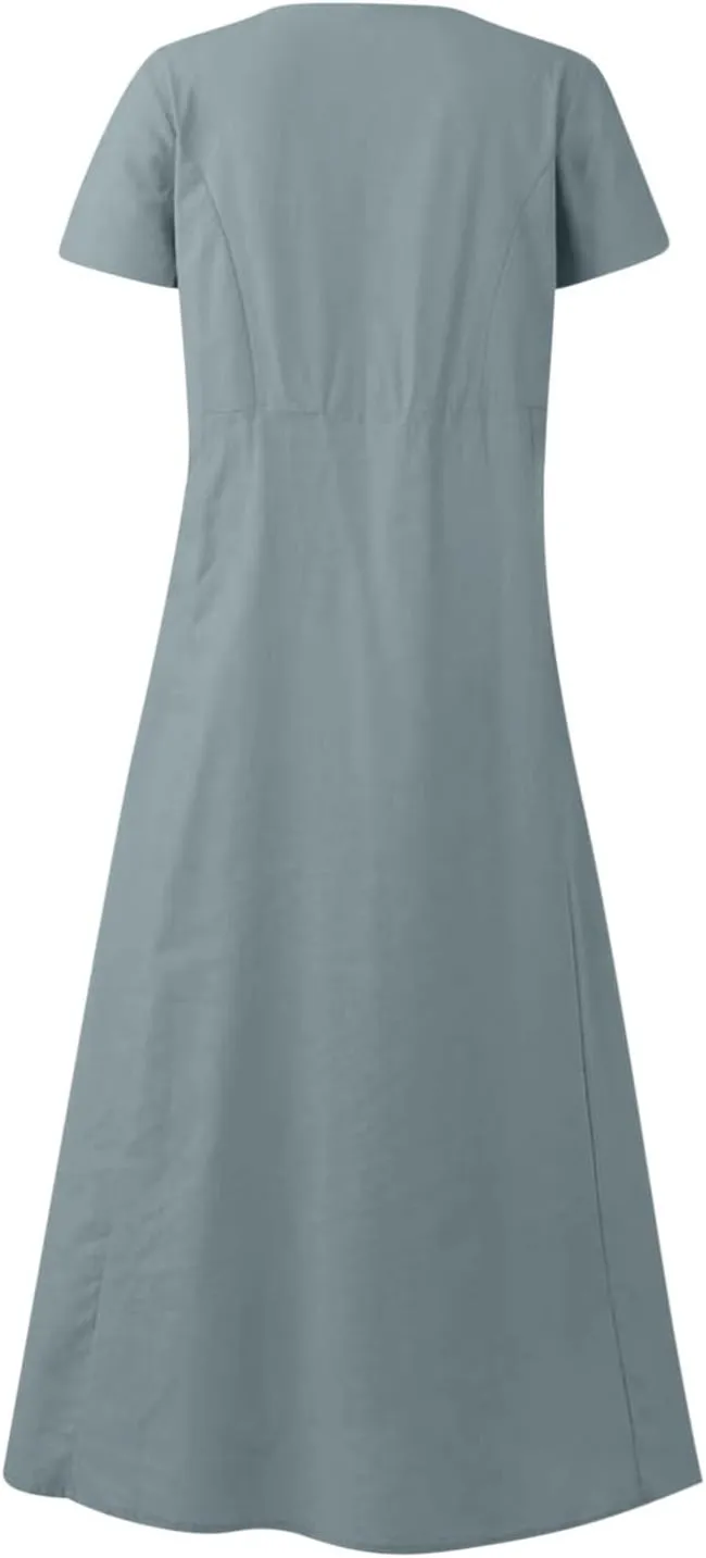Summer Maxi Dress for Women Crew Neck Short Sleeve Sundress Beach Vacation Tropical Resort Ruffle Dress with Pockets