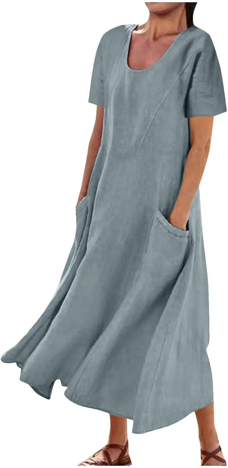 Summer Maxi Dress for Women Crew Neck Short Sleeve Sundress Beach Vacation Tropical Resort Ruffle Dress with Pockets