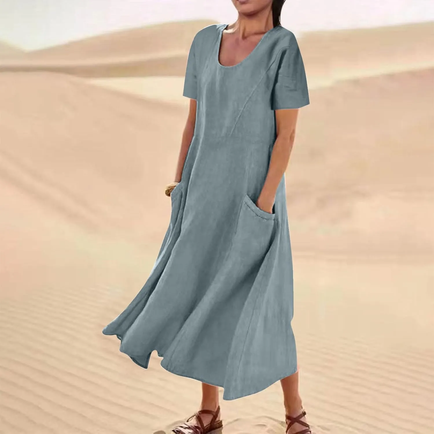 Summer Maxi Dress for Women Crew Neck Short Sleeve Sundress Beach Vacation Tropical Resort Ruffle Dress with Pockets