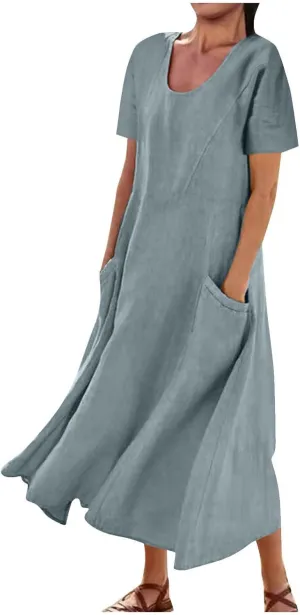 Summer Maxi Dress for Women Crew Neck Short Sleeve Sundress Beach Vacation Tropical Resort Ruffle Dress with Pockets
