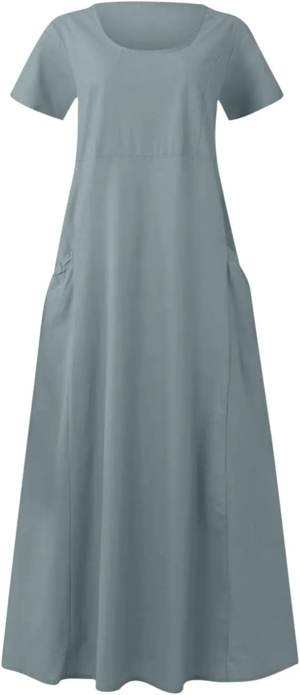 Summer Maxi Dress for Women Crew Neck Short Sleeve Sundress Beach Vacation Tropical Resort Ruffle Dress with Pockets
