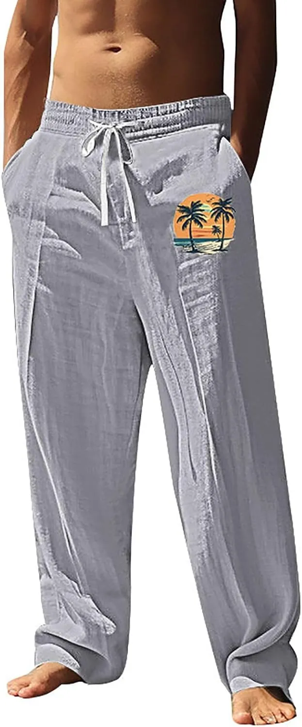Summer Pants for Men Lightweight Relaxed Fit Trousers with Pockets Casual Wide Leg Vacation Beach Boho Pants