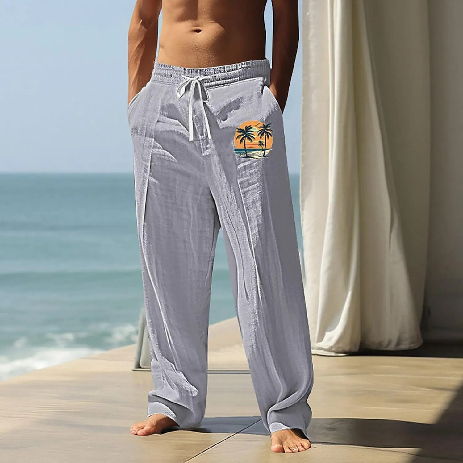 Summer Pants for Men Lightweight Relaxed Fit Trousers with Pockets Casual Wide Leg Vacation Beach Boho Pants