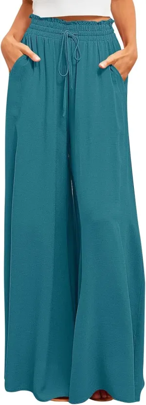 Summer Pants for Women Trendy Beach Wide Leg Solid Palazzo Elastic Waist Pants Chiffon Drawstring Clothes with Pockets