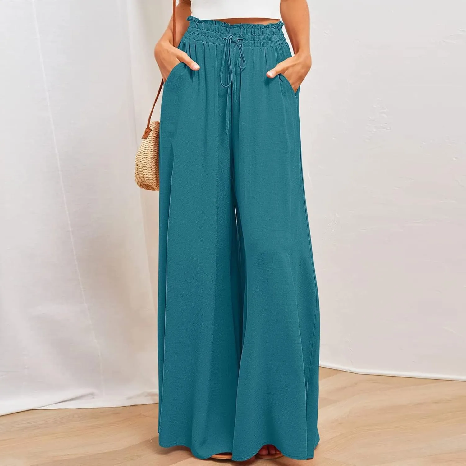 Summer Pants for Women Trendy Beach Wide Leg Solid Palazzo Elastic Waist Pants Chiffon Drawstring Clothes with Pockets
