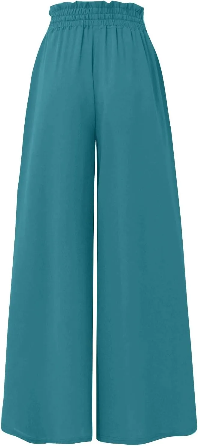 Summer Pants for Women Trendy Beach Wide Leg Solid Palazzo Elastic Waist Pants Chiffon Drawstring Clothes with Pockets