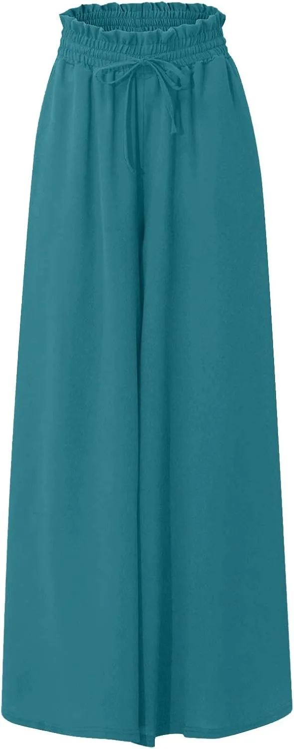Summer Pants for Women Trendy Beach Wide Leg Solid Palazzo Elastic Waist Pants Chiffon Drawstring Clothes with Pockets