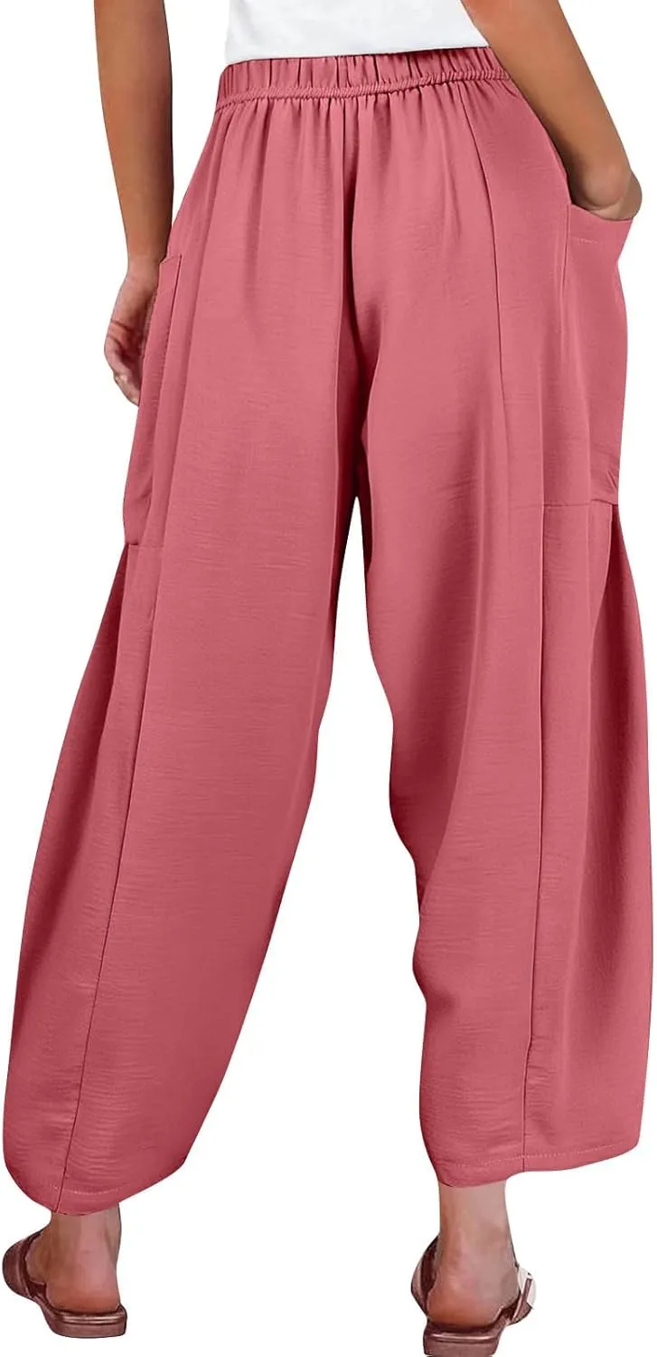 Summer Women Pants Linen Boho Wide Leg Elastic Waist Solid Palazzo Casual Pants Drawstring Pleated Clothes with Pockets
