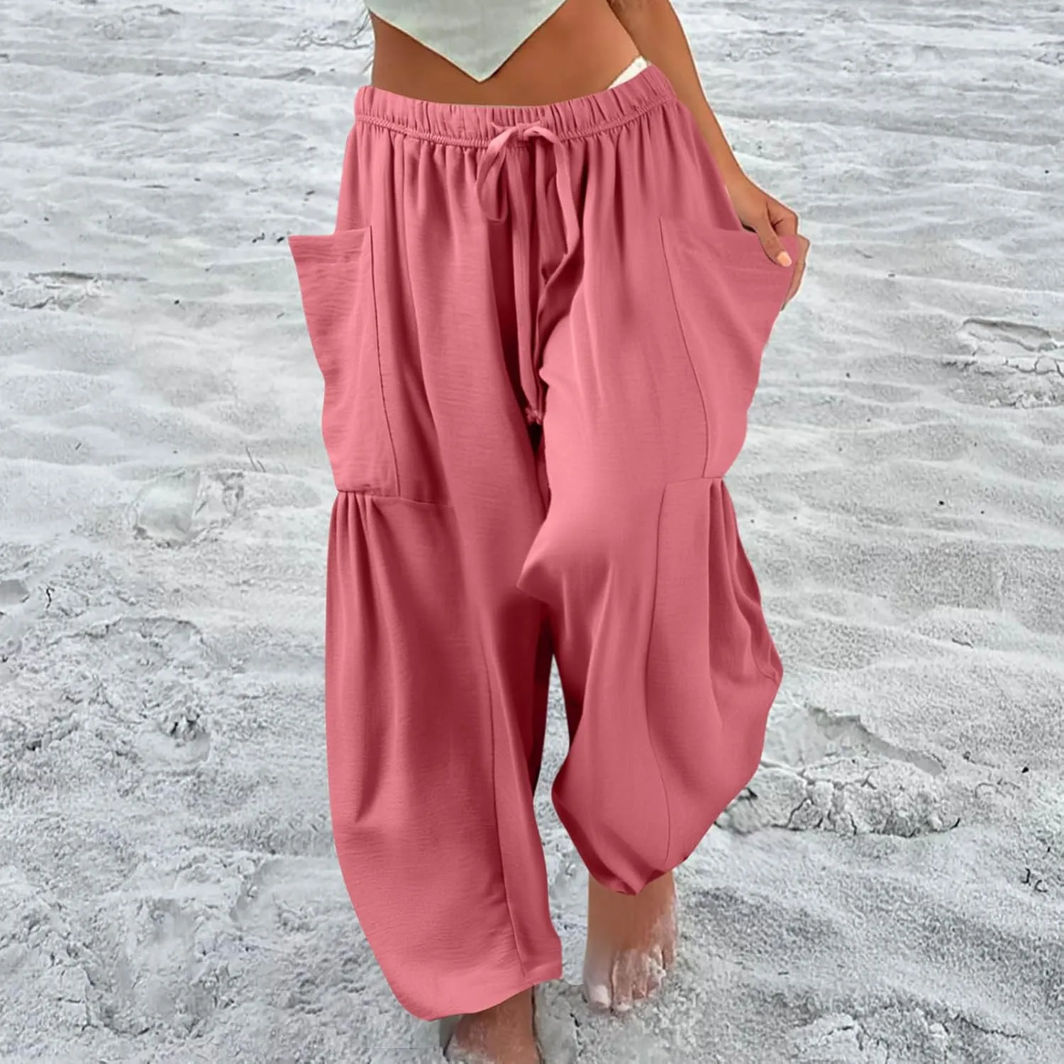 Summer Women Pants Linen Boho Wide Leg Elastic Waist Solid Palazzo Casual Pants Drawstring Pleated Clothes with Pockets