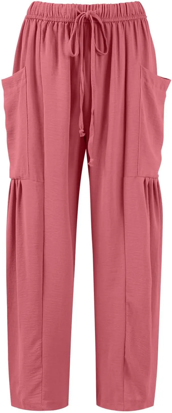 Summer Women Pants Linen Boho Wide Leg Elastic Waist Solid Palazzo Casual Pants Drawstring Pleated Clothes with Pockets