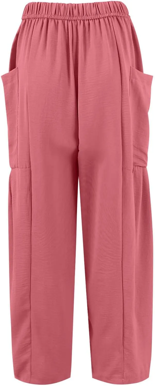 Summer Women Pants Linen Boho Wide Leg Elastic Waist Solid Palazzo Casual Pants Drawstring Pleated Clothes with Pockets