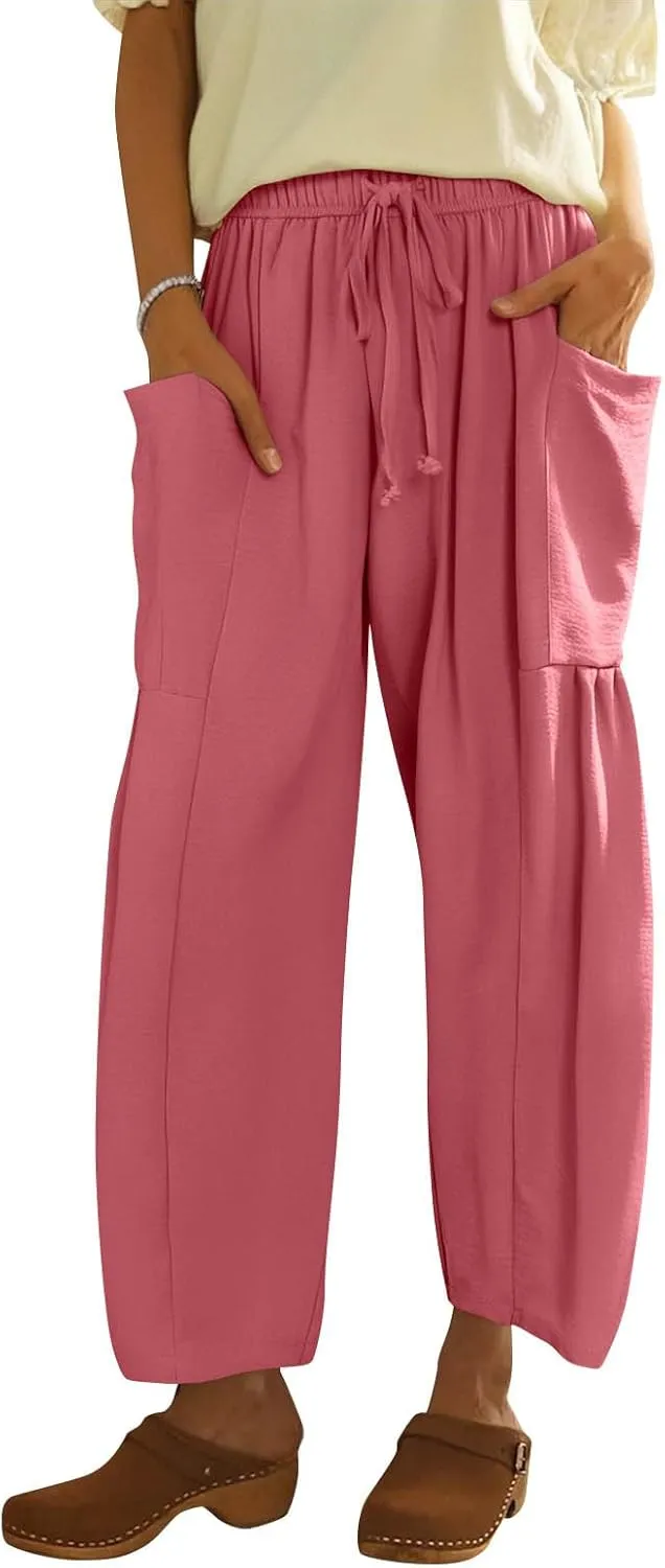 Summer Women Pants Linen Boho Wide Leg Elastic Waist Solid Palazzo Casual Pants Drawstring Pleated Clothes with Pockets