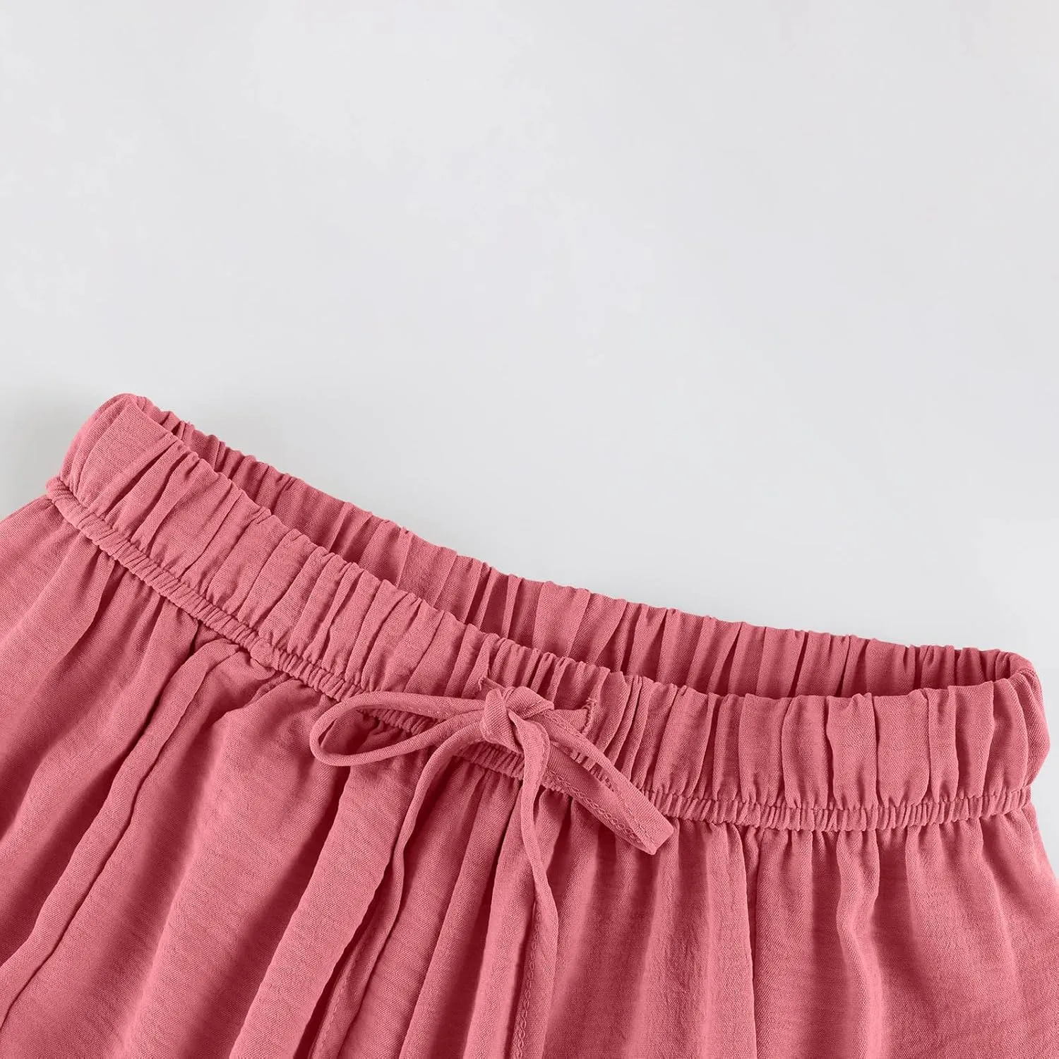 Summer Women Pants Linen Boho Wide Leg Elastic Waist Solid Palazzo Casual Pants Drawstring Pleated Clothes with Pockets