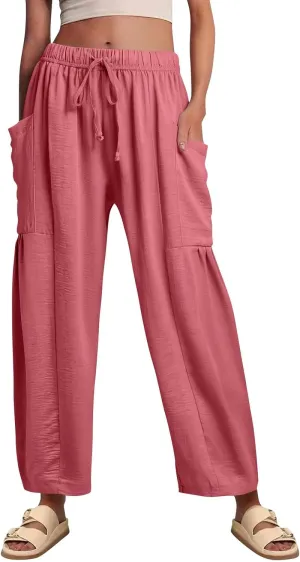 Summer Women Pants Linen Boho Wide Leg Elastic Waist Solid Palazzo Casual Pants Drawstring Pleated Clothes with Pockets