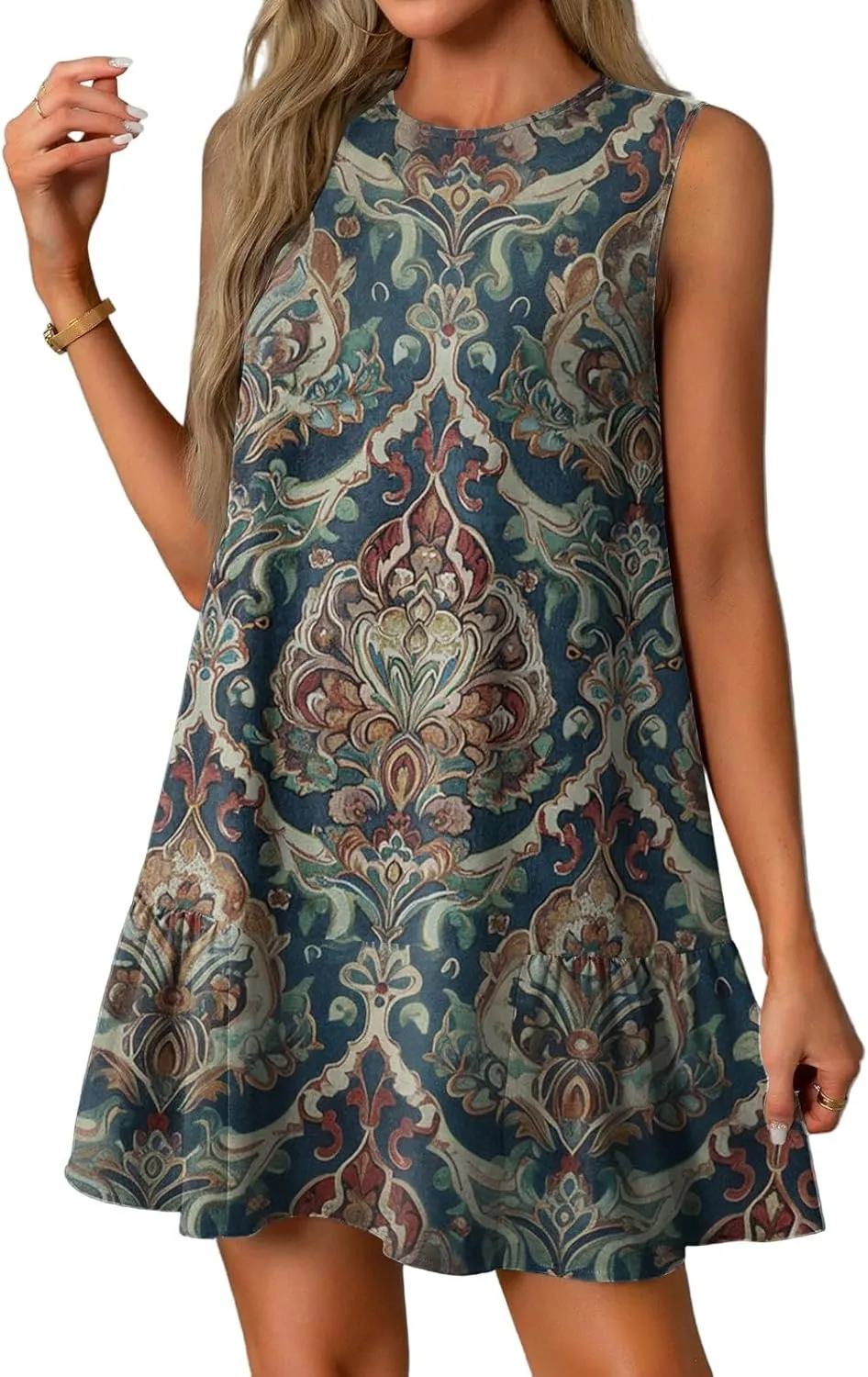 Summer Womens Sundress for 2113 Fashionable Casual Sleeveless Round Neck Ruffle Dresses Mini Ruffle Dress