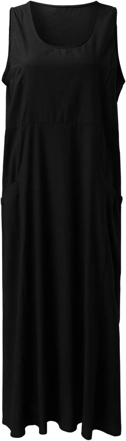 Sun Dresses for Women Casual Beach Plus Size Trendy Summer Linen V Neck T Shirt Dress Baggy Sleeveless Maxi Sundress
