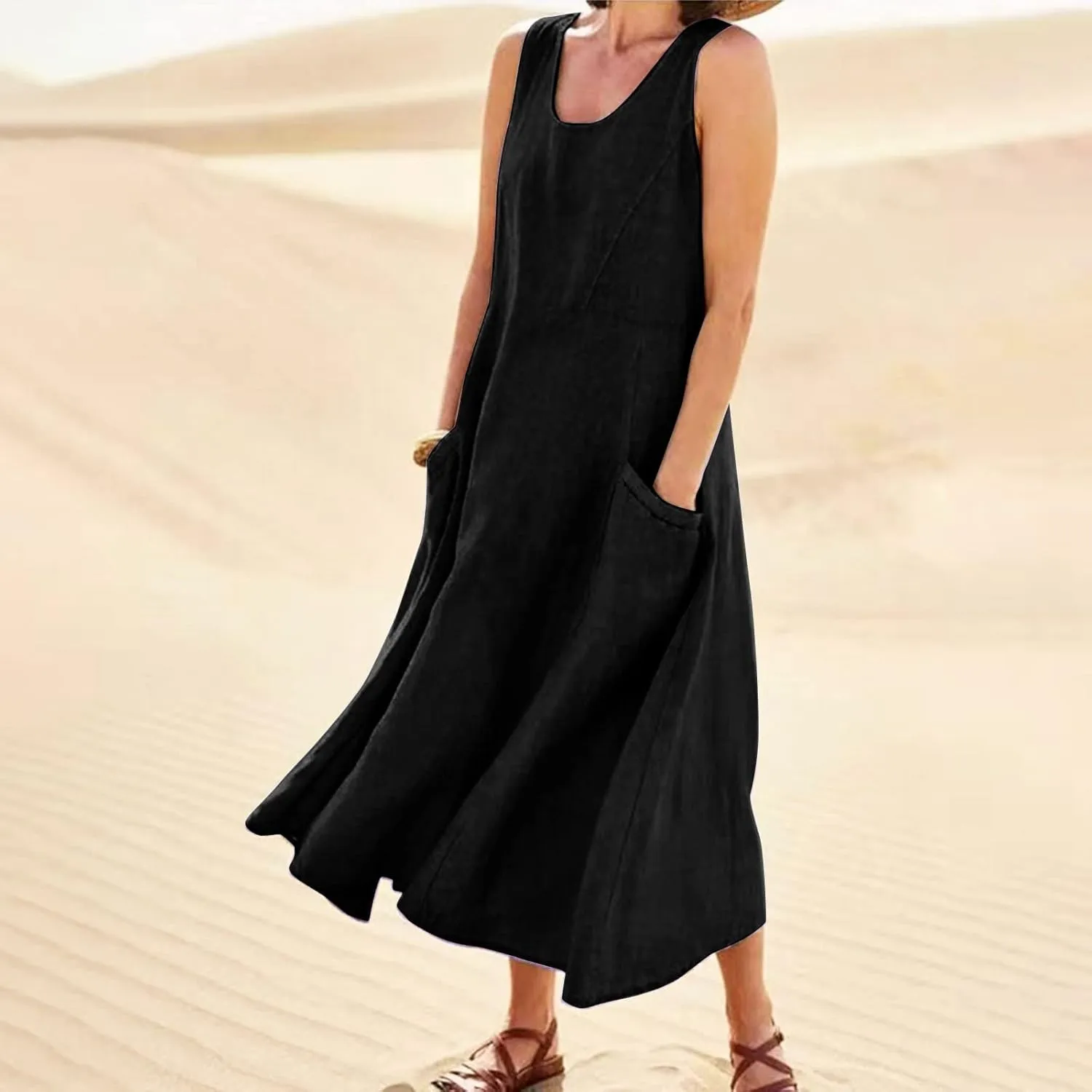 Sun Dresses for Women Casual Beach Plus Size Trendy Summer Linen V Neck T Shirt Dress Baggy Sleeveless Maxi Sundress