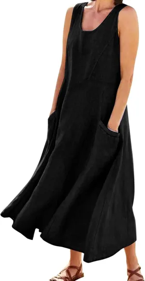 Sun Dresses for Women Casual Beach Plus Size Trendy Summer Linen V Neck T Shirt Dress Baggy Sleeveless Maxi Sundress