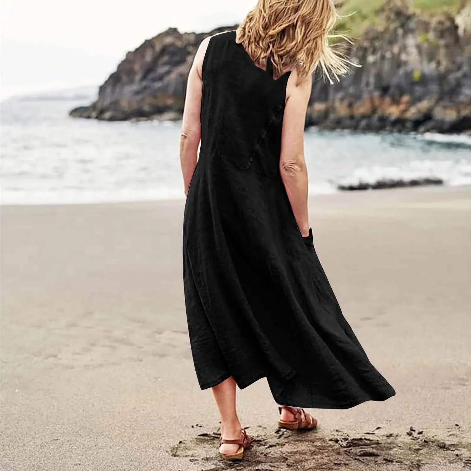 Sun Dresses for Women Casual Beach Plus Size Trendy Summer Linen V Neck T Shirt Dress Baggy Sleeveless Maxi Sundress