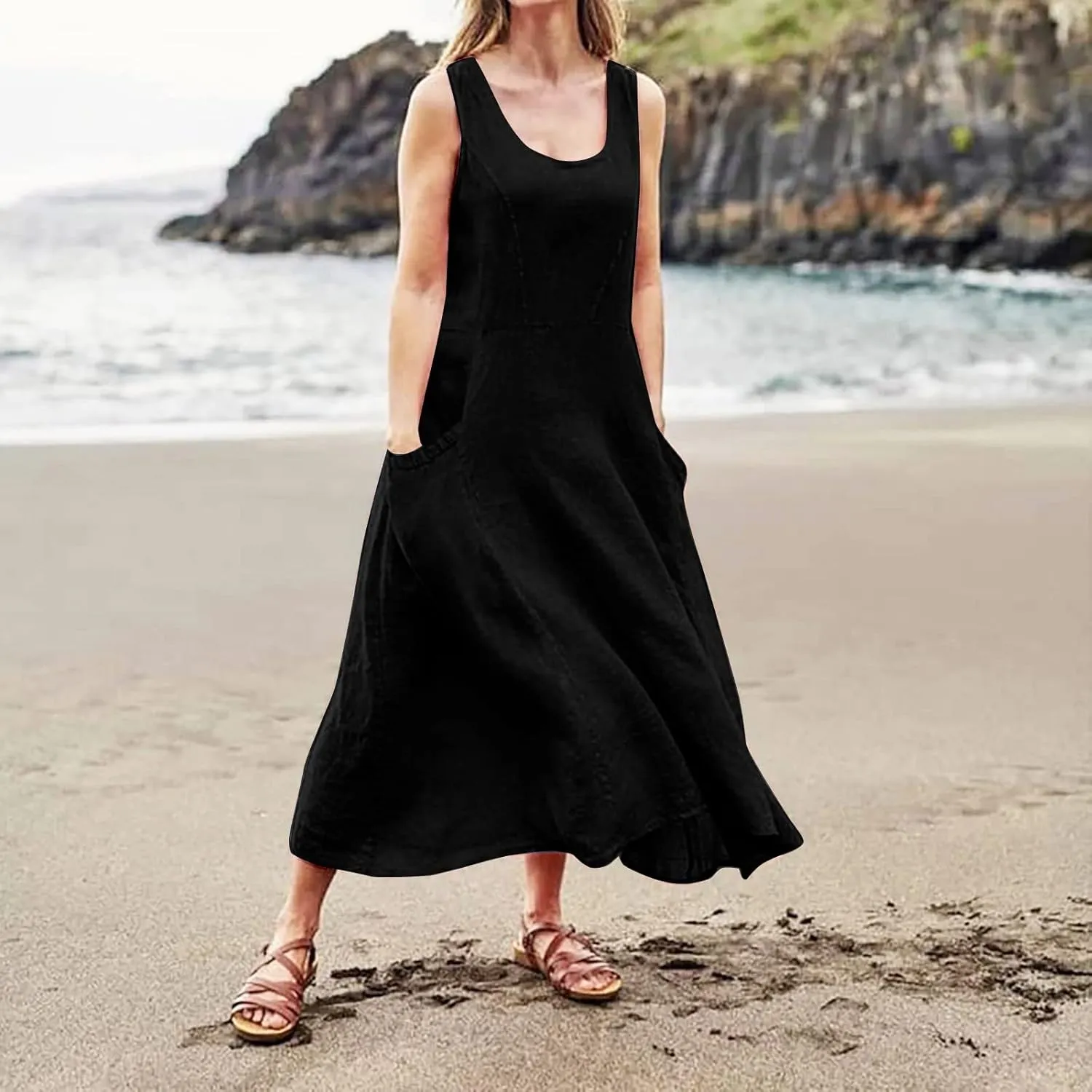 Sun Dresses for Women Casual Beach Plus Size Trendy Summer Linen V Neck T Shirt Dress Baggy Sleeveless Maxi Sundress