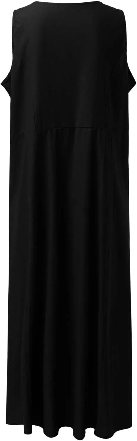 Sun Dresses for Women Casual Beach Plus Size Trendy Summer Linen V Neck T Shirt Dress Baggy Sleeveless Maxi Sundress