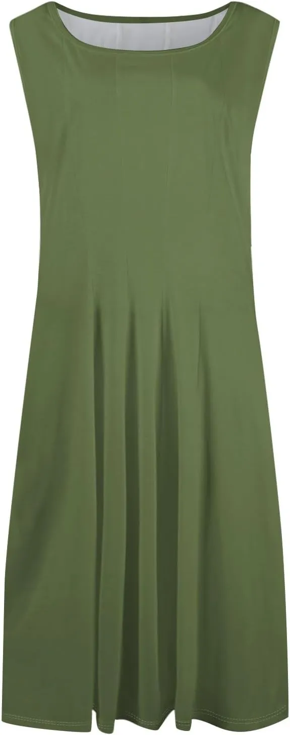 Sundresses for Women Cotton Boat Neck Sleeveless Pleated Midi Dress Modest Cute Summer Dresses Fit and Flare Dress