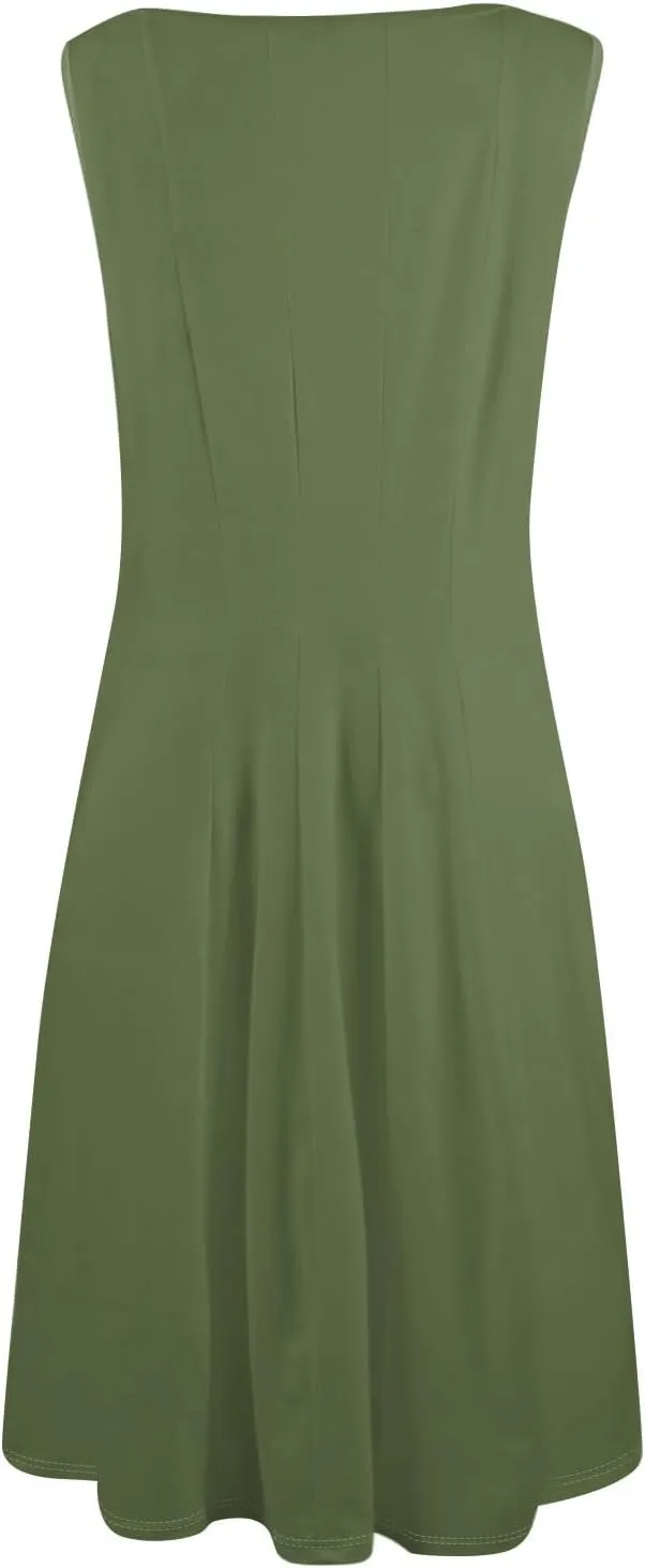 Sundresses for Women Cotton Boat Neck Sleeveless Pleated Midi Dress Modest Cute Summer Dresses Fit and Flare Dress