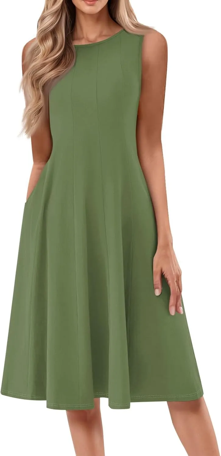 Sundresses for Women Cotton Boat Neck Sleeveless Pleated Midi Dress Modest Cute Summer Dresses Fit and Flare Dress