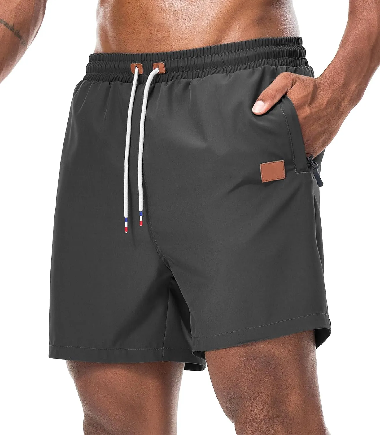 Surenow Mens Casual Shorts Running Gym Shorts Drawstring Elastic Waist Shorts Stretch Summer Beach Shorts with Zipper Pockets